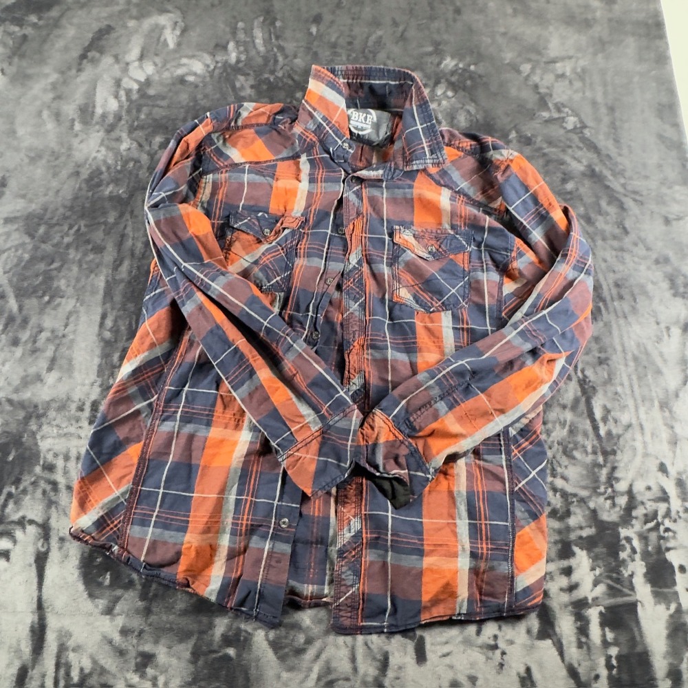 BKE Plaid Button Down Shirt Mens M Orange Navy Blue Long Sleeve Cotton B2244